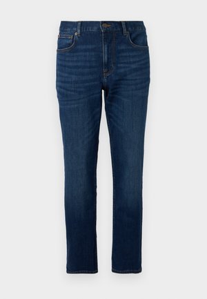 Jeans en denim bleu foncé avec une coupe droite, dotés de poches avant, d'une fermeture à bouton et de détails de couture subtils.