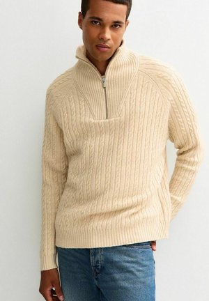 LONG SLEEVE CABLE KNIT QUARTER ZIP FUNNEL NECK  - Jersey de punto - cream