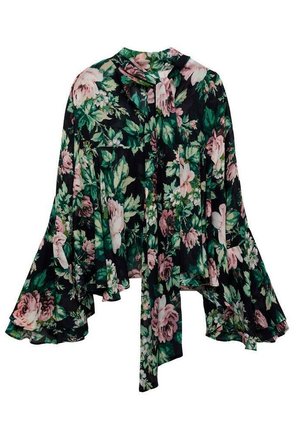 Floral blouse featuring a black background with large pink and green floral patterns, long bell sleeves, and a tie-neck detail. Lightweight fabric.