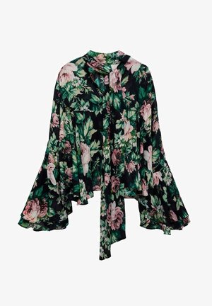Blusa floreale con sfondo nero e grandi motivi floreali rosa e verdi, maniche a campana lunghe e un dettaglio del collo legato. Tessuto leggero.