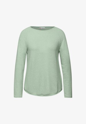 Hellgrünes Langarmshirt mit rundem Halsausschnitt und Raglanärmeln, aus weichem Stoff gefertigt, mit einem geschwungenen Saum und minimalen Nähten.