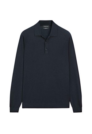 Tmavě modrá polokošile s dlouhým rukávem vyrobená z měkké látky, s límečkem a zapínáním na tři knoflíky, s žebrovanými manžetami a spodním lemem.