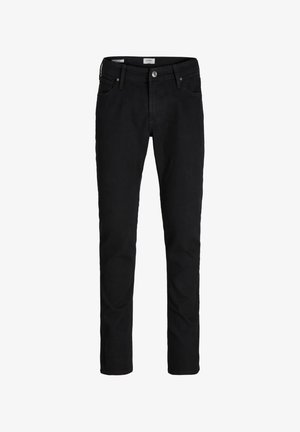 Mustad denimist valmistatud kitsaste lõigetega teksad viie taskuga ja metallist nupudega. Sile tekstuur, klassikaline nupu ja tõmblukuga sulgemine.