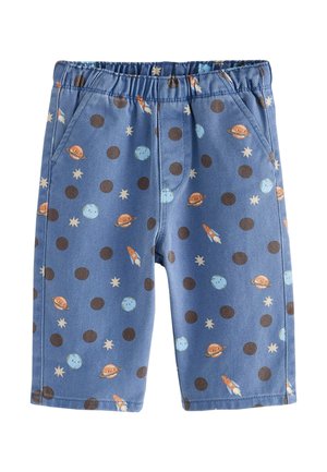 Blaue Kleinkind-Shorts mit elastischem Bund und Taschen, verziert mit braunen Punkten, Raketen, lächelnden Planeten und Sternenmuster.
