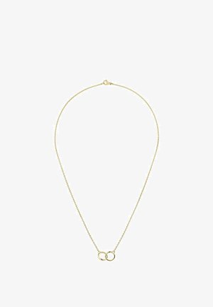Colier din aur cu două pandantive circulare interconectate. Lanțul este delicat, cu o textură netedă și închidere tip lobster.