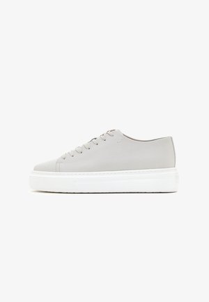 Light gray leather sneaker with lace-up design and thick white rubber platform sole, shown in side view on white background.