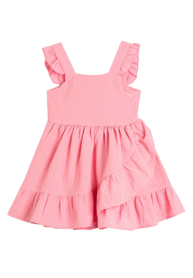 Roze, mouwloze jurk met geschulpte schouderbanden, textuurstof, een nauwsluitend lijfje en een gelaagde, uitlopende rok met decoratieve ruffles.