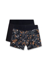 Twee paren herenboxershorts; één zwart en één met een geometrisch patroon in grijs, terracotta en wit. Zachte, rekbare stof.