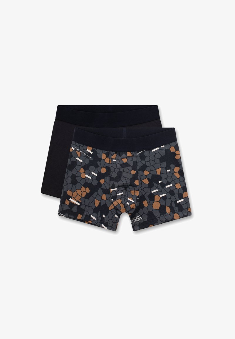 Two pairs of men's boxer shorts; one black and another with a geometric pattern in gray, terracotta, and white. Soft, stretchy fabric.