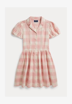 Rövid ujjú, rózsaszín és fehér kockás, gombos ruha gallérral és derékrészen övvel, a Polo Ralph Lauren márkától.