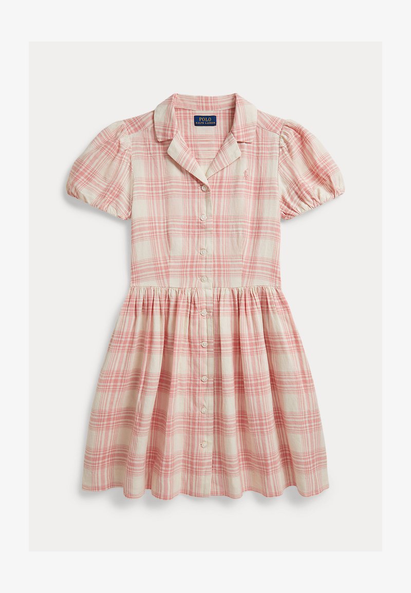 Φόρεμα Polo Ralph Lauren με κοντά μανίκια σε ροζ και λευκό καρό, με κουμπιά, γιακά και σούρα στη μέση.