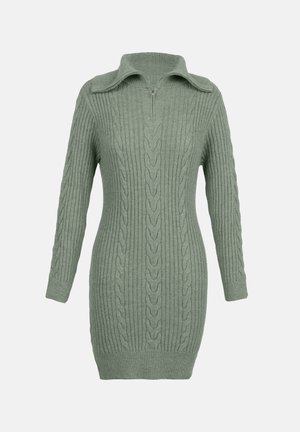 Knit sweater dress in muted green, featuring ribbed texture, cable knit patterns, long sleeves, and a zip-up collar.