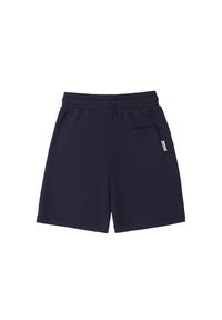 Pantaloni corti in cotone blu navy con cintura elastica, tasca posteriore singola e etichetta tessuta sul lato. Texture liscia e design casual.