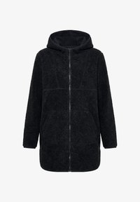 Chaqueta larga de forro polar negra con capucha, cremallera completa en la parte delantera, mangas largas y grandes bolsillos delanteros, mostrada sobre fondo blanco.