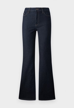 Tumedast sinine kõrge vöökohaga teksapükste model, kus on laienev jalg, ees nupuga ja tõmblukuga ning viie tasku disain.