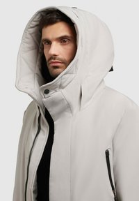 Jachetă izolată de culoare gri deschis, cu o glugă mare matlasată, fermoar negru și buzunare laterale. Textură netedă cu un design elegant și modern.