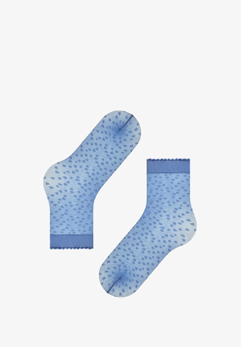 Blaue gemusterte Socken aus leichtem, durchsichtigem Stoff mit einem verstreuten Punktemuster, einem rüschengeschmückten Bündchen und einer glatten Textur.