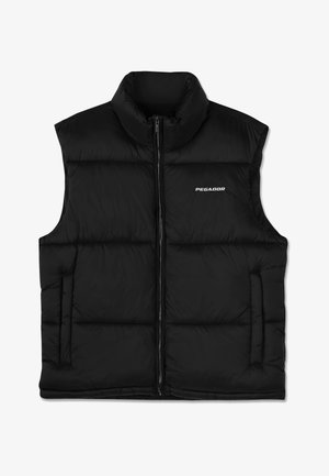 Must must vest must kõrge kaelusega, ees tõmblukk ja küljetaskud. Sujuv tekstuur, mis on kokku pandud ketastega, ja logo ees.