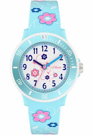 Børnearmur med lyseblåt bånd dekoreret med lyserøde og mørkeblå blomster, hvid urskive med blomsterdetaljer og store sorte tal.