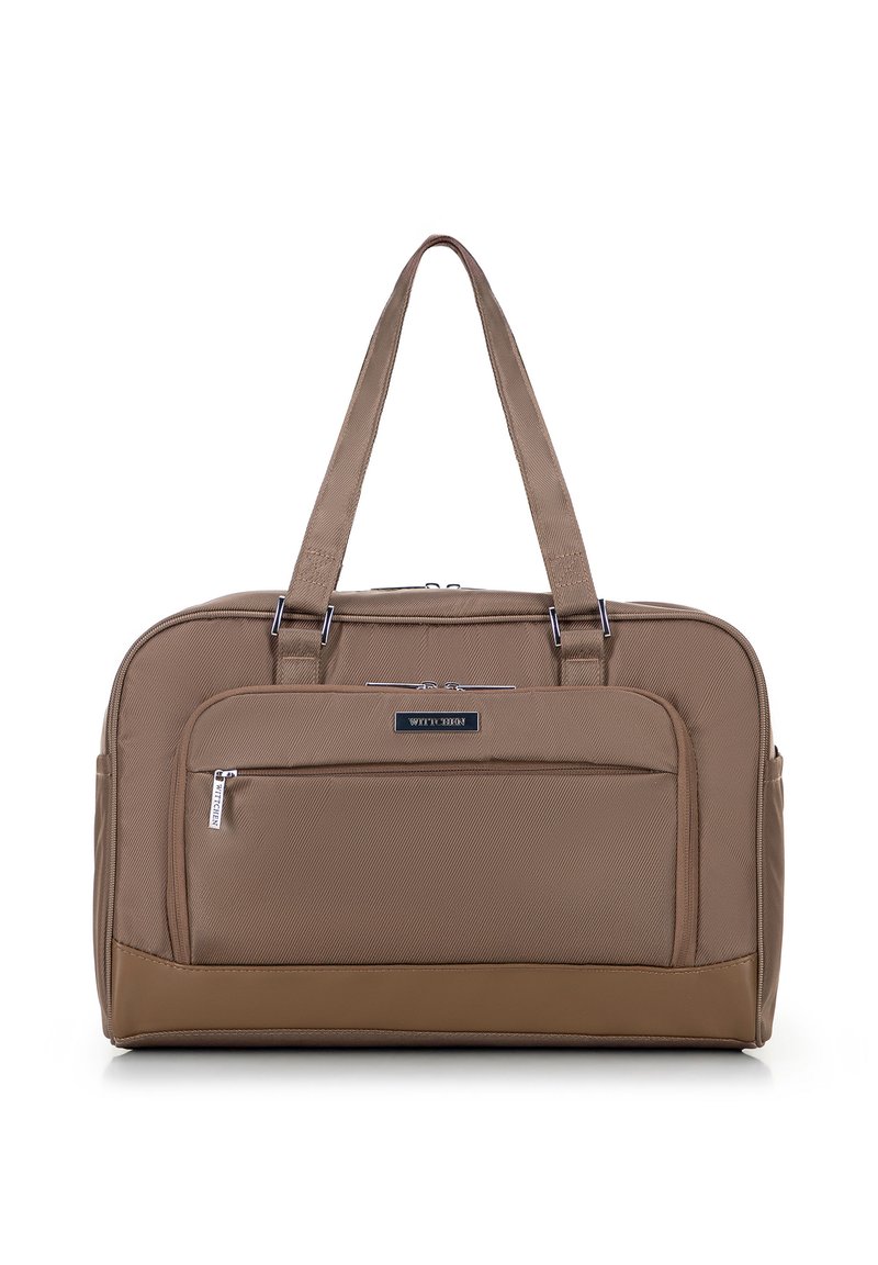 Borsa da viaggio sintetica marrone con due manici, scomparti con zip e tasca frontale. Presenta una finitura testurizzata e un pannello inferiore a contrasto.