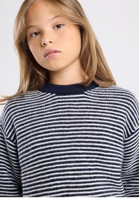 Knitted sweater featuring navy and white horizontal stripes, round neckline, and subtle texture. Casual fit with soft fabric.