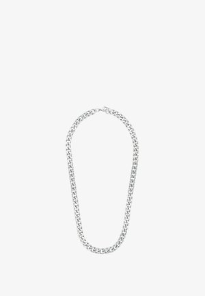 Srebrny naszyjnik łańcuszkowy z grubymi ogniwami, gładkim metalicznym wykończeniem i bezpiecznym zapięciem.