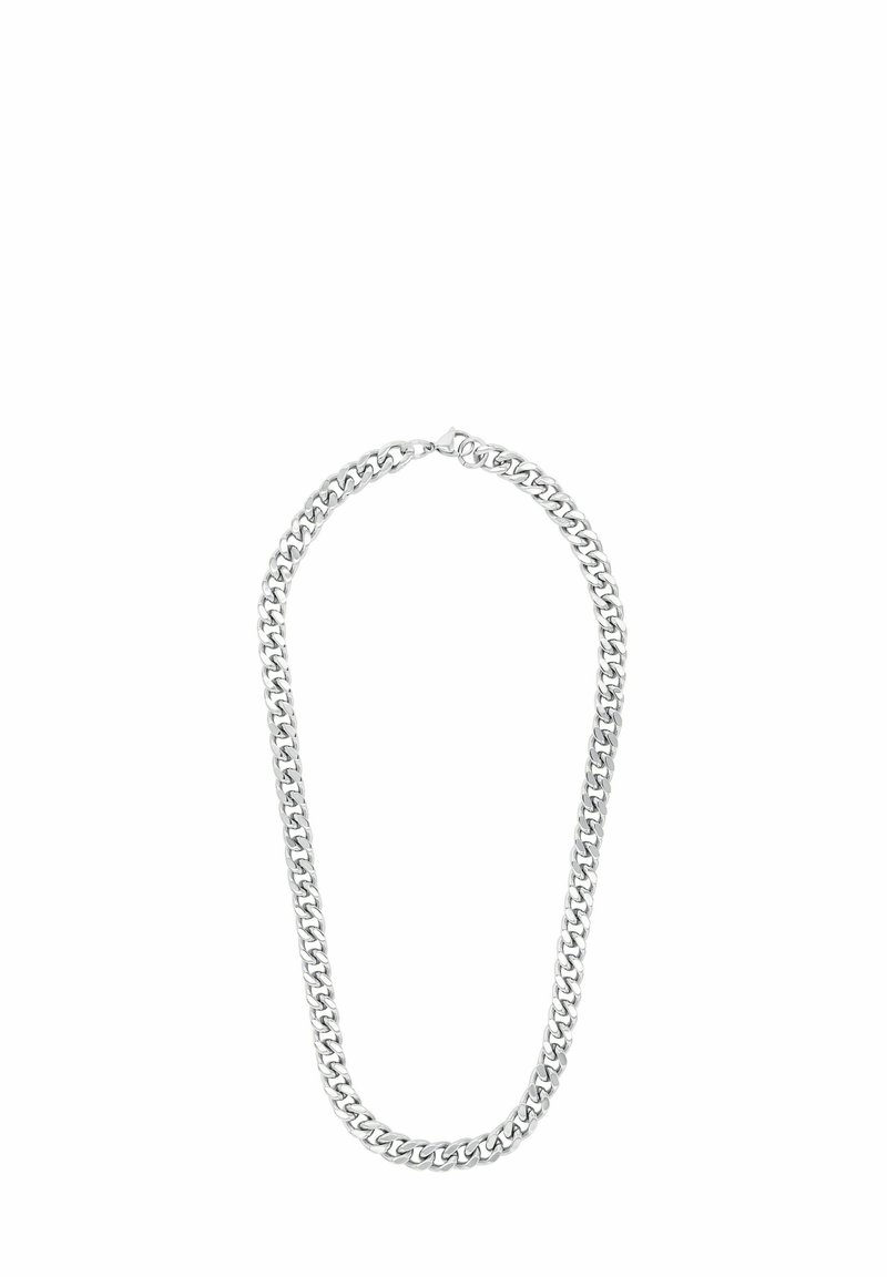 Collana in argento con maglie spesse, finitura metallica liscia e chiusura sicura per l'allacciatura.