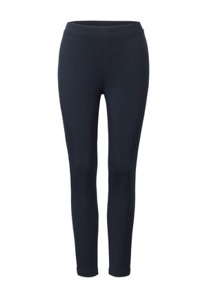 Marineblauwe leggings gemaakt van rekbaar materiaal, met een gladde textuur en een aansluitend ontwerp met een hoge tailleband voor comfort.
