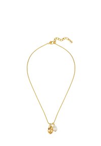 Collana in oro con pendente testurizzato e una perla bianca. Include un gancio a croce e lunghezza regolabile con catena di estensione.