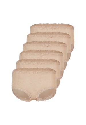 Fünf beige Damen-Unterhosen mit hohem Bund, Spitzenbesatz und kleinem Schleifendetail, gestapelt in versetzter Anordnung.