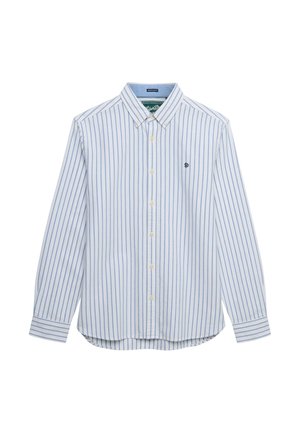 Lichtblauw-wit gestreept overhemd met lange mouwen, verticale strepen, knoopsluiting, kraag en een klein geborduurd logo op de borst.