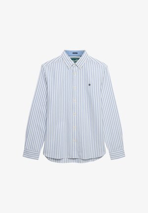 Lyseblå og hvide lodrette stribede langærmet skjorte med knapper, krave og lille broderet logo på brystet.