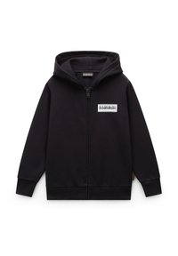 Zwarte ritssluiting hoodie met een kangoeroezak, ribbelmanchetten en -zoom. Voorzien van een logo patch op de borst. Gemaakt van zacht katoen.