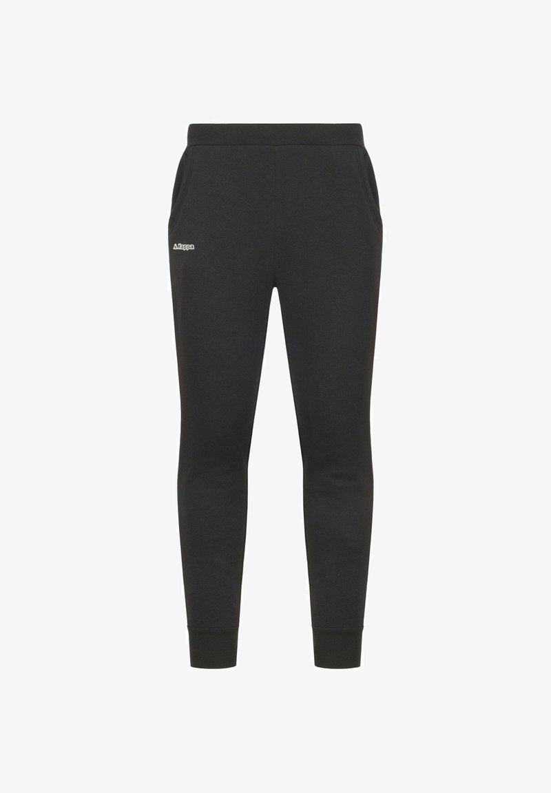 Pantaloni della tuta neri con vestibilità affusolata, vita elastica, tasche laterali e un piccolo logo bianco sull'anca. Il tessuto è morbido e liscio.