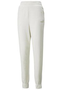 Pantaloni jogger beige chiaro realizzati in tessuto morbido, con vita regolabile con coulisse, due tasche laterali e orli a coste. Dettaglio logo discreto sulla parte frontale.