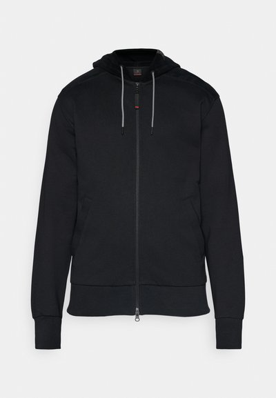 Black zip-up hoodie made of cotton. Features a drawstring hood, side pockets, and ribbed cuffs. Smooth texture with minimal design accents.