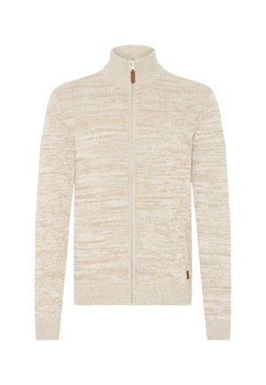 Maglione zip-up in maglia beige e crema melange con colletto alto e maniche lunghe, dotato di un piccolo tirante marrone per la zip.