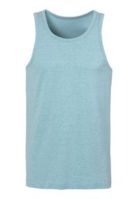 Light blue tank top made of soft, textured fabric. Features a comfortable crew neckline and wide shoulder straps. No patterns or embellishments.