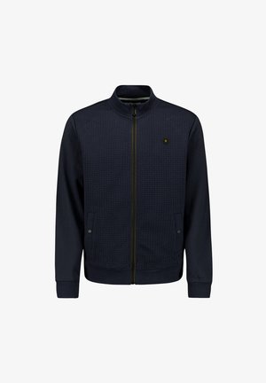 Navy zip-up jacket featuring a textured front panel, smooth sleeves, stand collar, and a subtle logo on the chest. Two side pockets included.