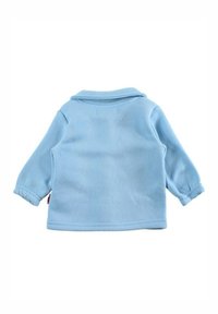 Chemise pour enfants à manches courtes de couleur bleu clair, fabriquée en tissu doux, avec un col à revers et des poignets froncés. Aucun motif ou accent visible.