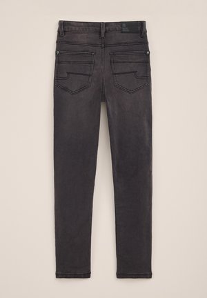 Slim-fit black denim jeans with a medium rise, featuring two back pockets with curved seams and a button closure. Smooth texture.