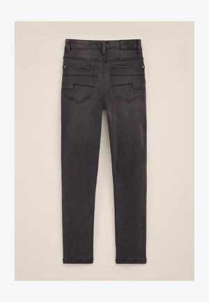 Slim-fit black denim jeans with a medium rise, featuring two back pockets with curved seams and a button closure. Smooth texture.