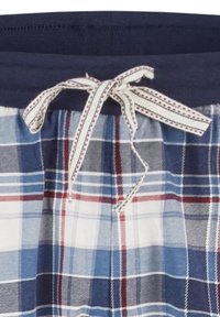 Ruudulliset shortsit, joissa on tummansininen vyötärö ja nyörikiinnitys. Pitää punaisia ja sinisiä ruutu kuvioita valkoisella taustalla. Puuvillamateriaalia.