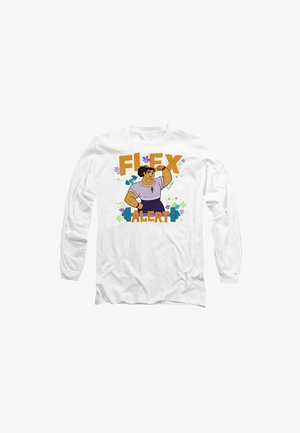 White long-sleeve shirt featuring a graphic of a muscular character with the text "FLEX ALERT" in bold orange and colorful floral accents.