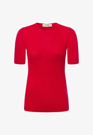 Red ribbed knit short-sleeve top with a round neckline. Soft texture, form-fitting design, and subtle sheen. Label reads "MOS MOSH."
