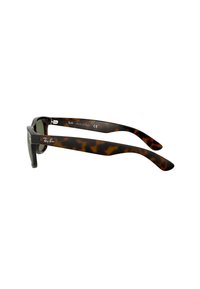 Occhiali da sole tartarugati con accenti neri, montatura in plastica, lenti verdi e marchio Ray-Ban sulle astine. Forma rettangolare classica.