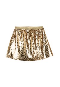 Mini falda de lentejuelas doradas con un exterior texturizado, diseño acampanado y una cinturilla elástica dorada. Las lentejuelas reflectantes crean un efecto brillante.