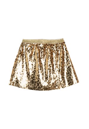 Jupe en sequins dorés avec un extérieur texturé, un design évasé et une taille élastiquée dorée. Les sequins réfléchissants créent un effet scintillant.