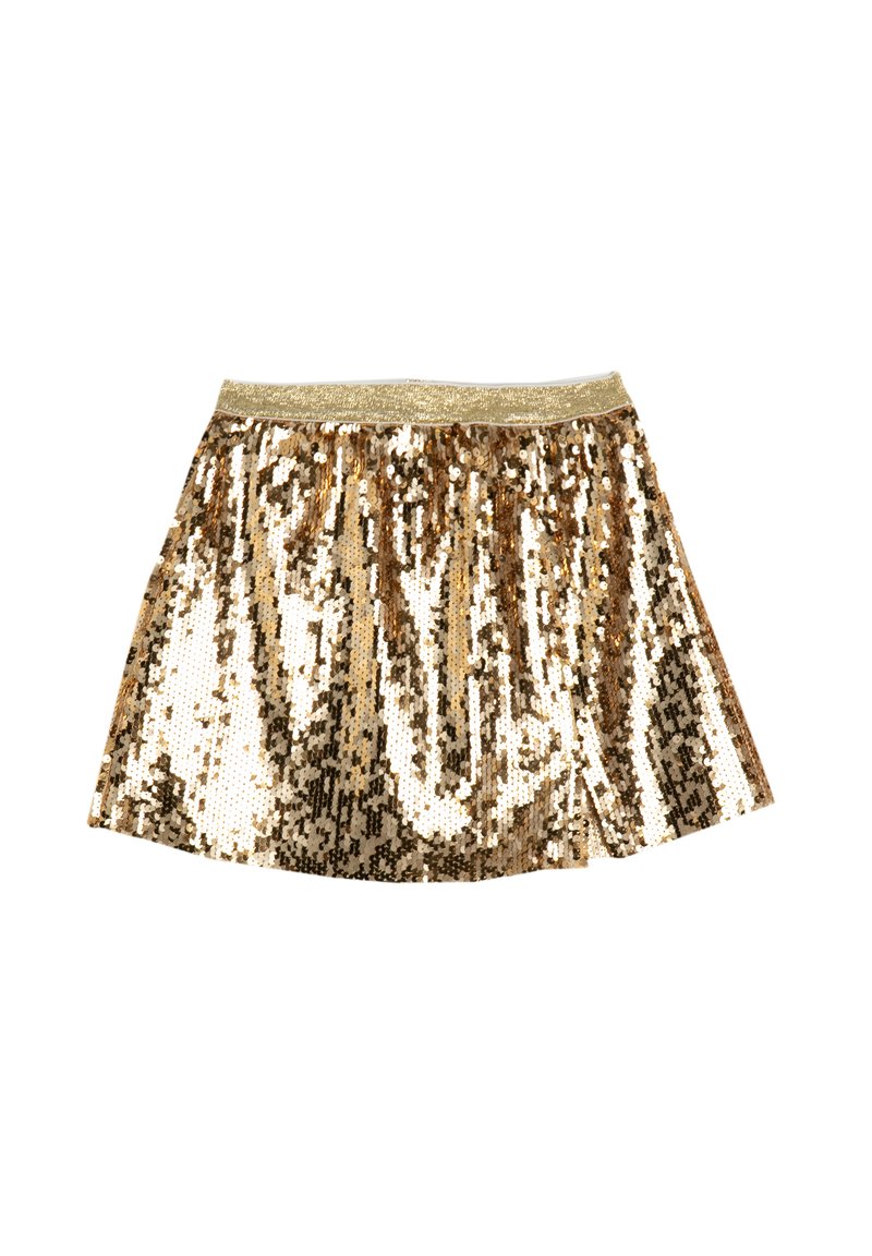 Mini falda de lentejuelas doradas con un exterior texturizado, diseño acampanado y una cinturilla elástica dorada. Las lentejuelas reflectantes crean un efecto brillante.