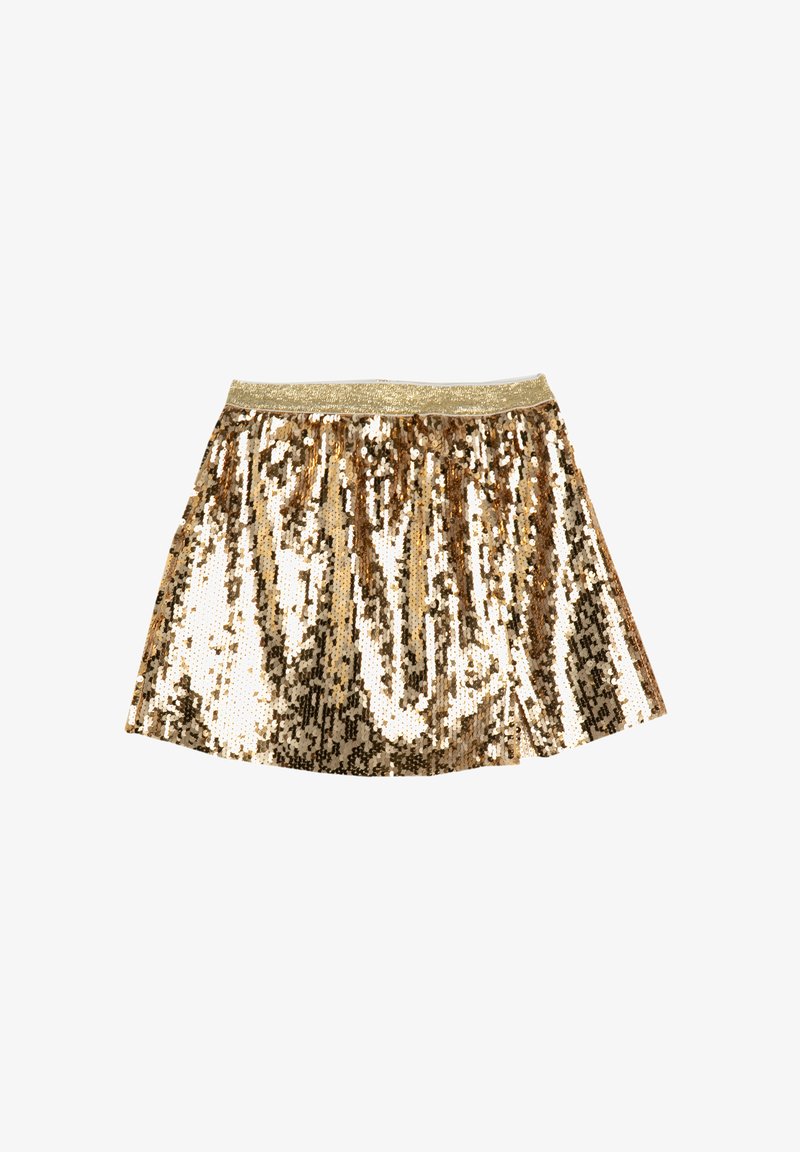 Mini falda de lentejuelas doradas con un exterior texturizado, diseño acampanado y una cinturilla elástica dorada. Las lentejuelas reflectantes crean un efecto brillante.